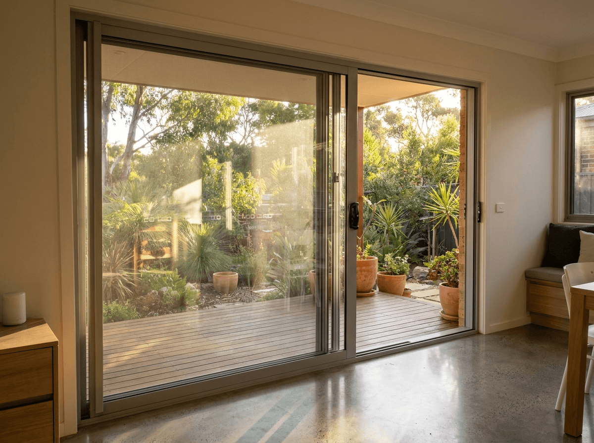 Technician fitting new toughened glass into an aluminium sliding door.